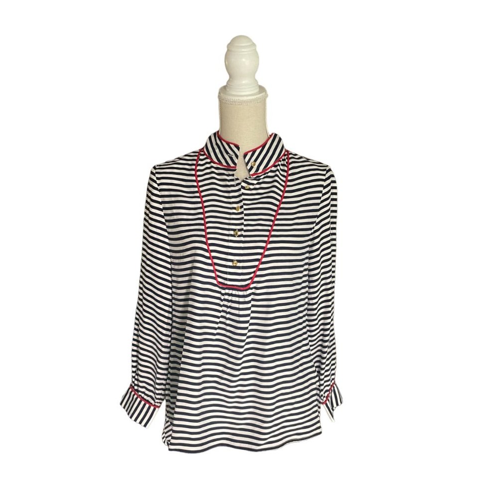 Sail to Sable STS striped silk top S small navy blue gold button long sleeve
